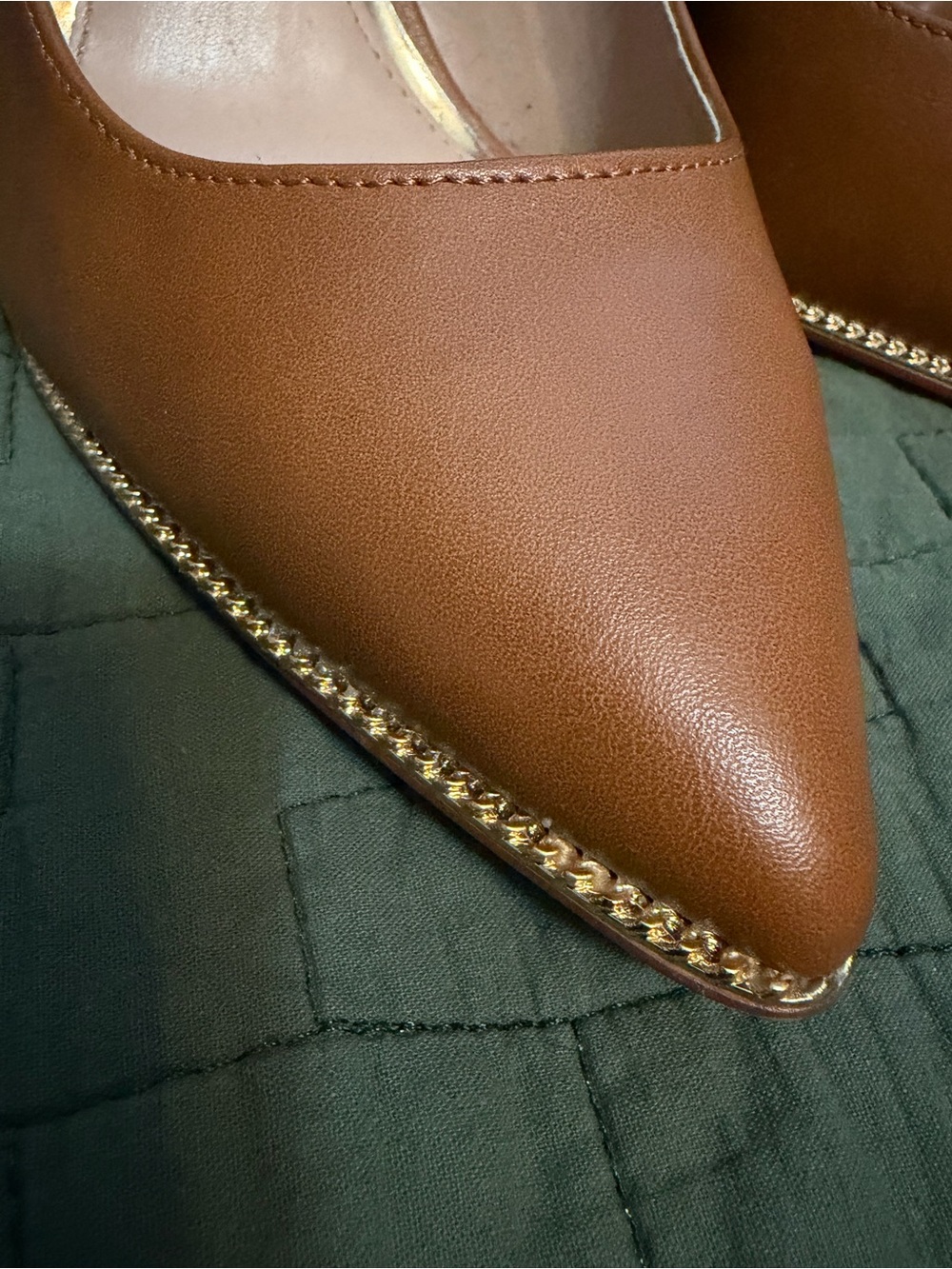 BCBGeneration Tan Pointed Toe Pumps with Gold Chain Trim - Picture 5 of 6